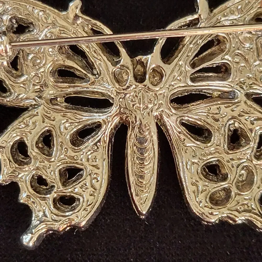 Vintage Butterfly Brooch Green Purple Rhinestone Faux Marcasite Cabochon Belly